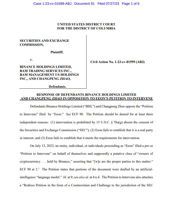 SEC, Binance unite against Eeon’s lawsuit intervention