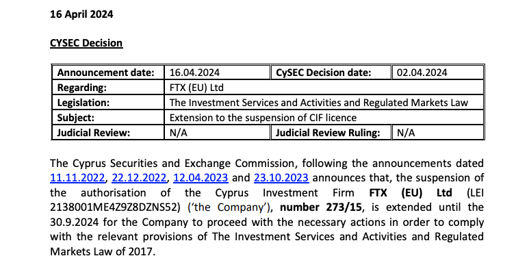 Cyprus keeps FTX Europe license suspended until September
