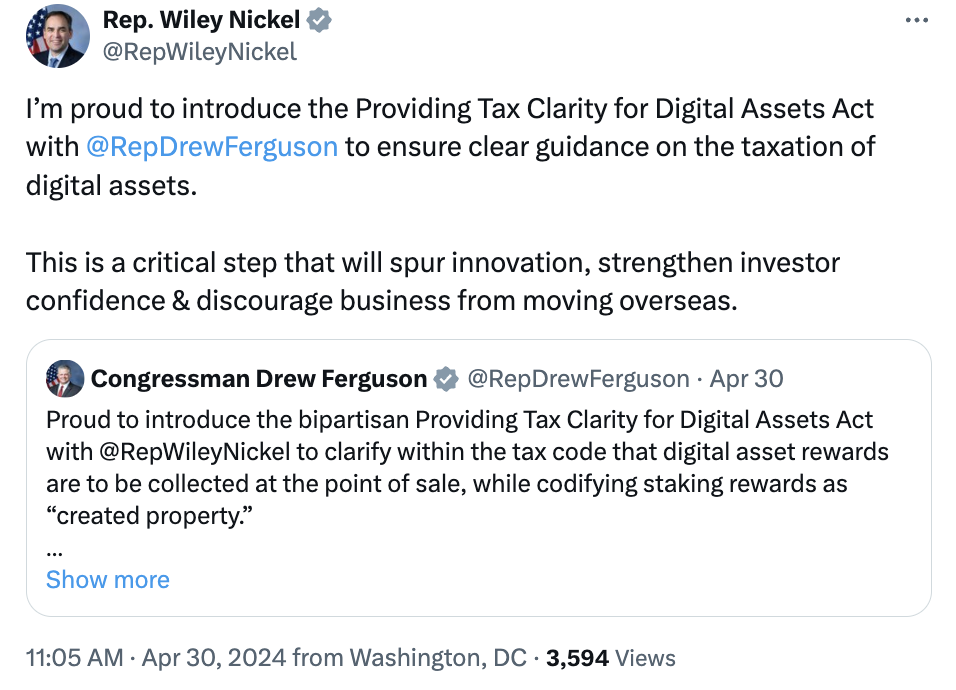 Proposed US bill wouldn’t allow taxing block rewards at acquisition