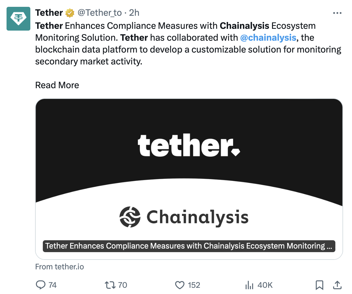 Chainalysis will help Tether monitor secondary market for illicit activity