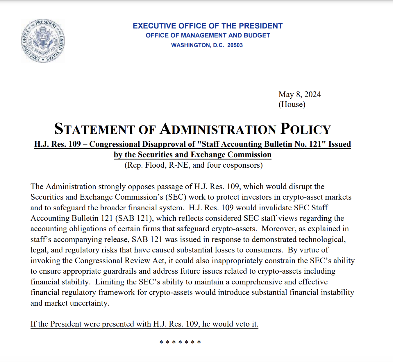 President Biden says he would veto resolution countermanding SEC crypto rule