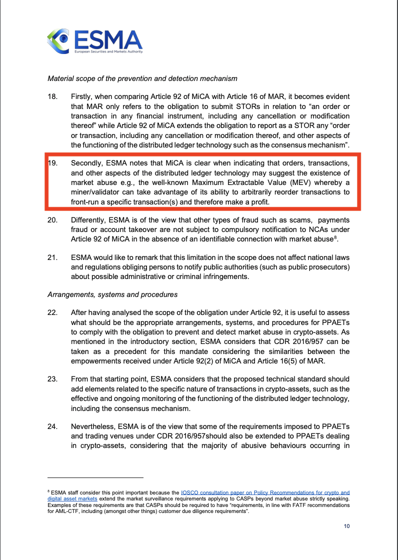 ESMA labels MEV as 'market abuse’ in latest consultation paper