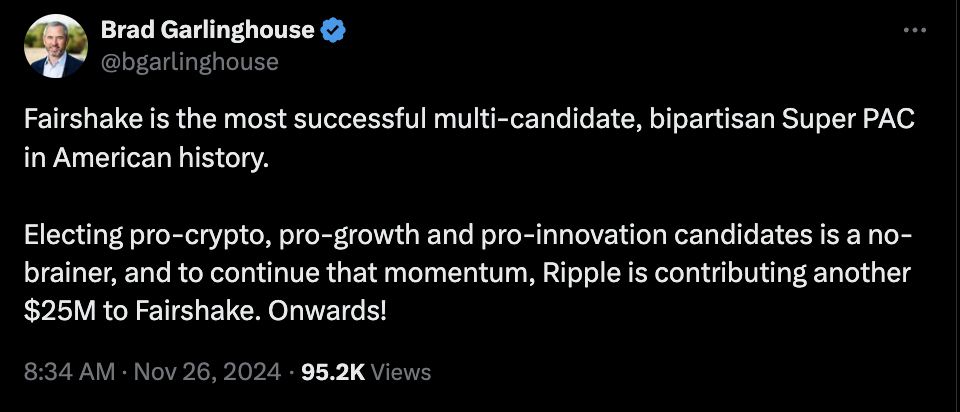 Ripple contributes another $25M to Fairshake PAC before US midterms