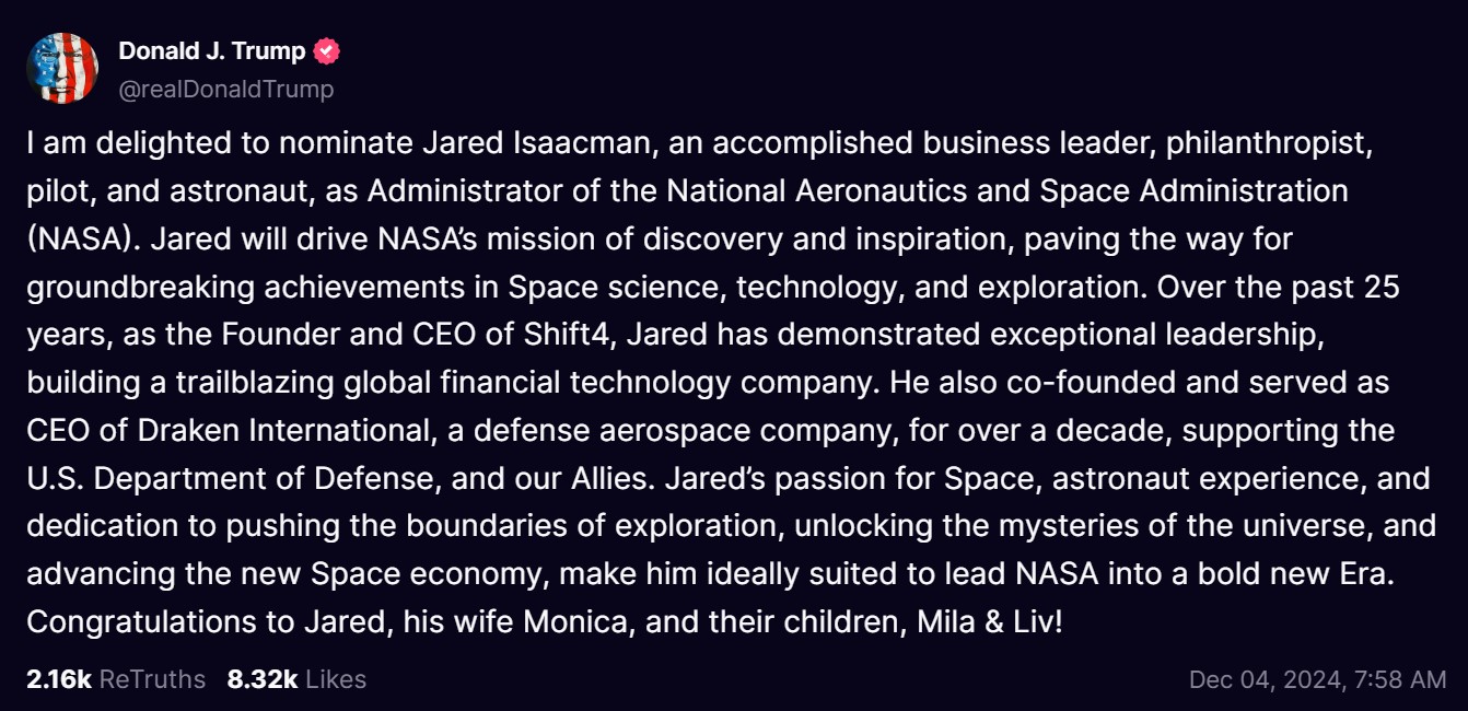 Trump taps billionaire fintech CEO with SpaceX ties to head NASA