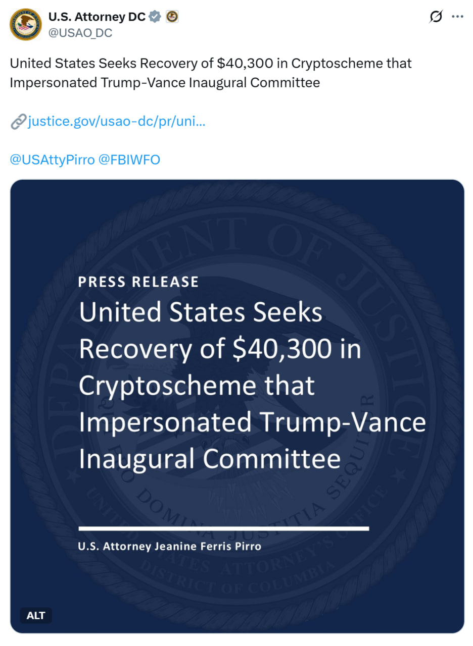 DOJ recovers $40K crypto from Trump-Vance inaugural scam, credits Tether