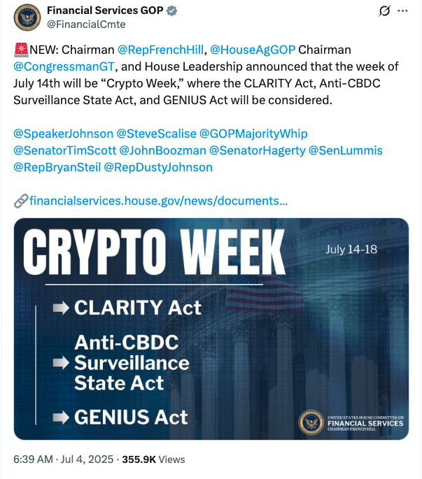US Republicans declare ‘Crypto Week’ to mull 3 crypto bills