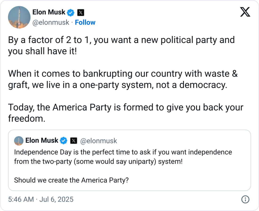Trump says Musk ‘off the rails’ for forming political party to rival GOP