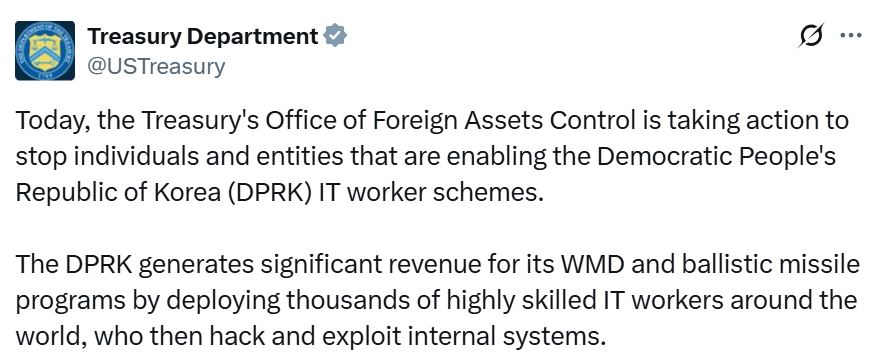US sanctions North Korean tech worker crew over crypto thefts